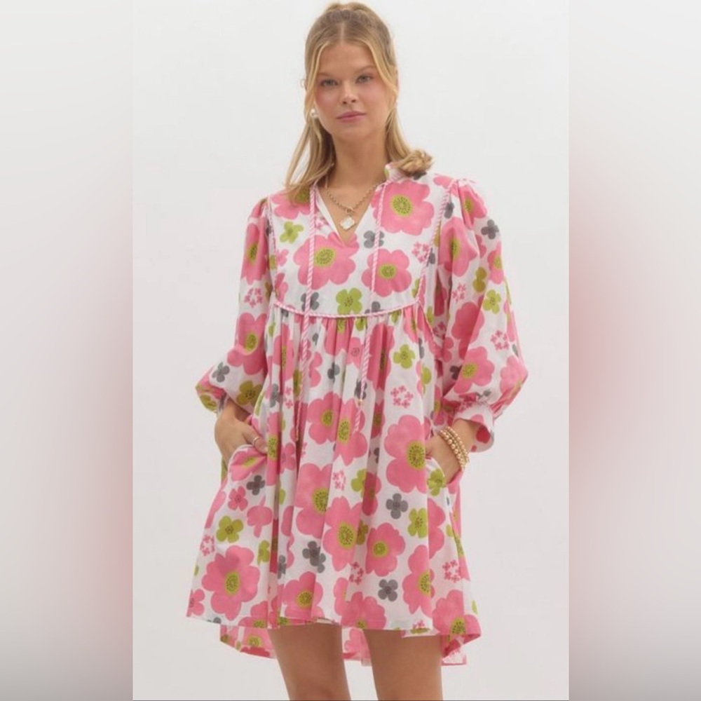 entro Pink Floral Midi Dress with Green and Gray Accents